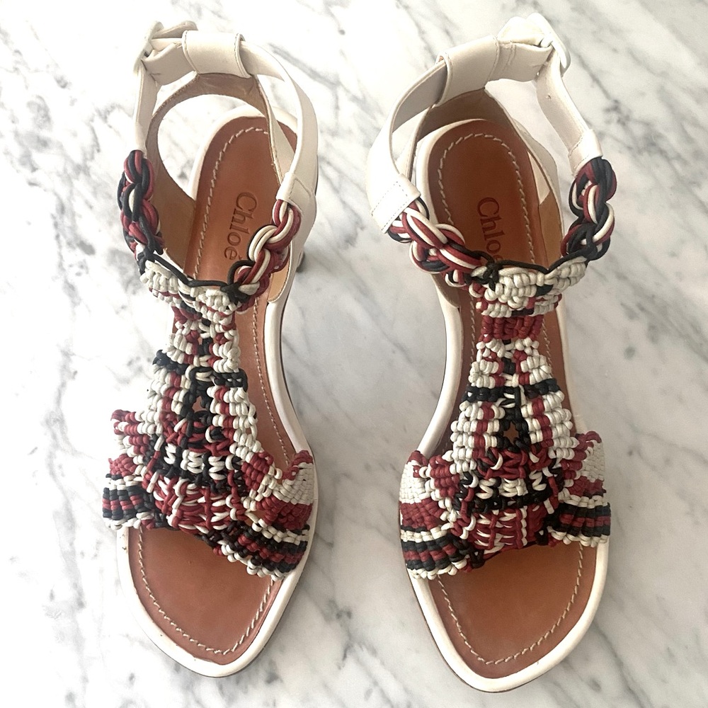 Chloé High Heeled Woven Tucson Calf Leather Sandals Size 41 1/2 — Circa 2008.